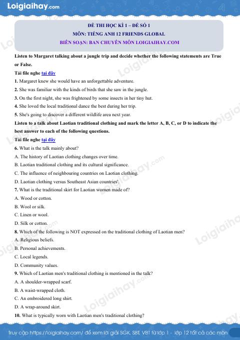 Đề thi học kì 1 Tiếng Anh 12 Friends Global - Đề số 7